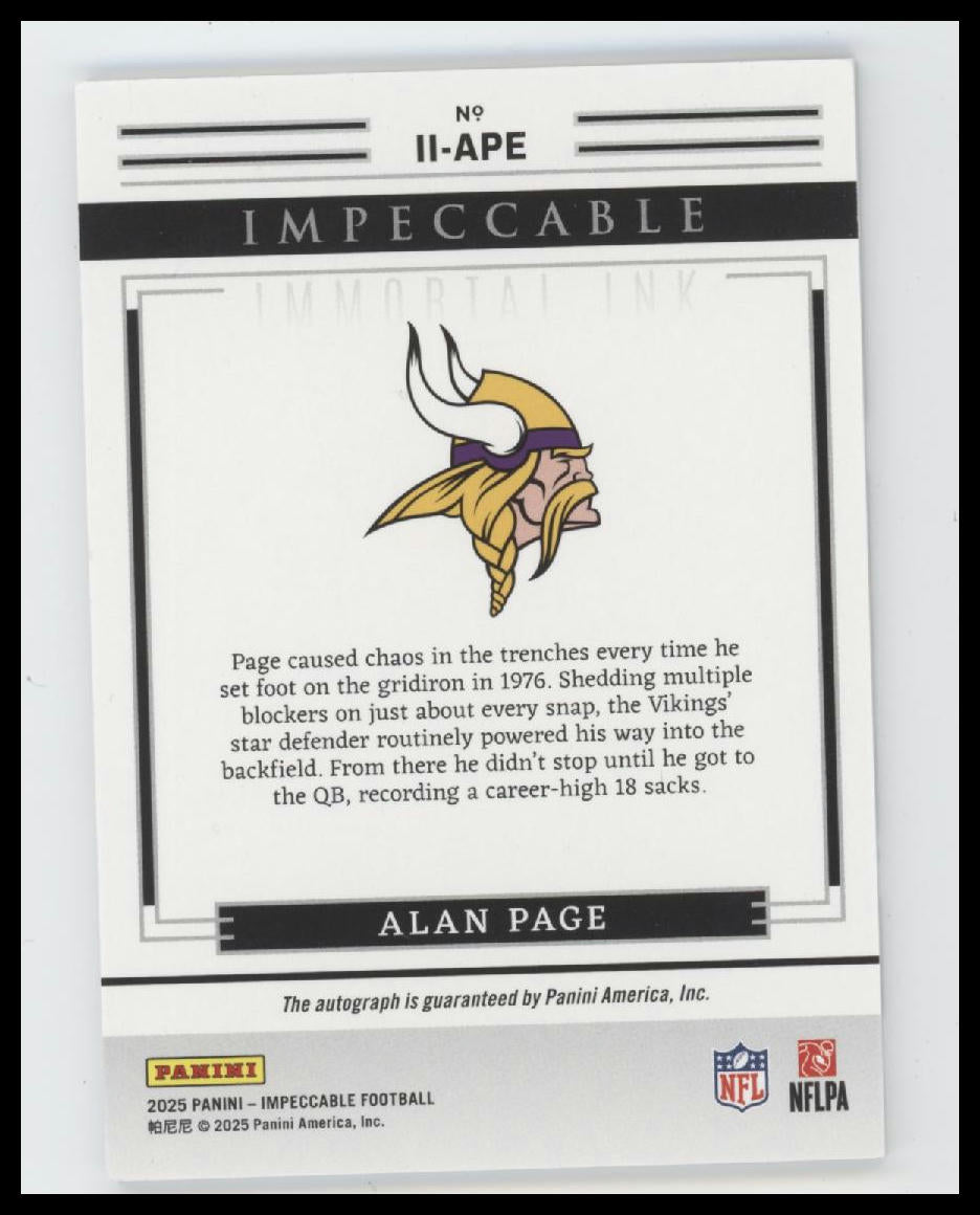 2025 Panini Impeccable Immortal Ink Silver Alan Page #/49 AU #II-APE