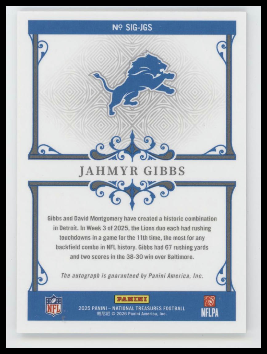 2025 Panini National Treasures Signatures Jahmyr Gibbs #/99 AU #SIG-JGS