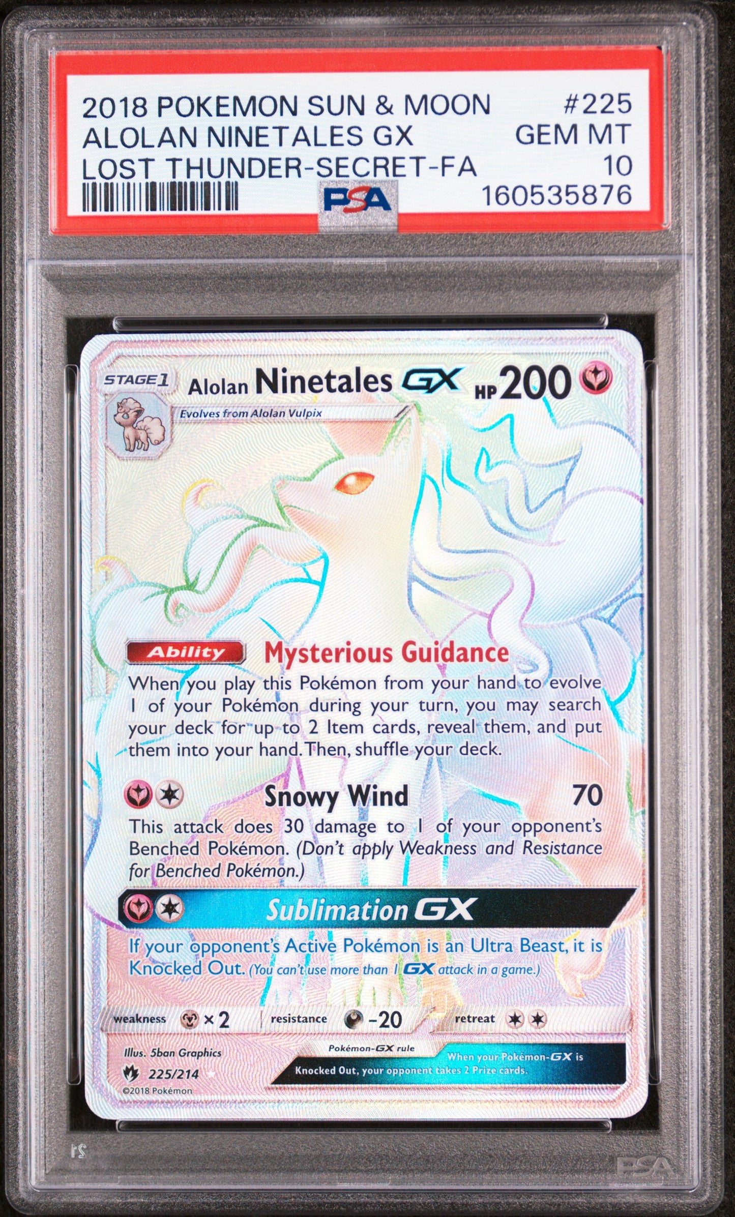 2018 Pokemon Sun & Moon Lost Thunder-Secret-Fa Alolan Ninetales Gx 10 PSA #225