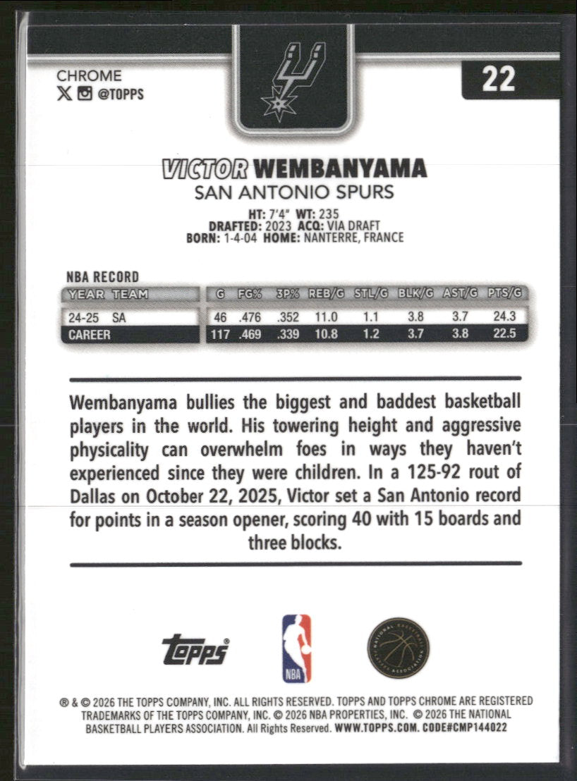 2025-26 Topps Chrome Update Aqua RayWave Refractor Victor Wembanyama #/199 #22