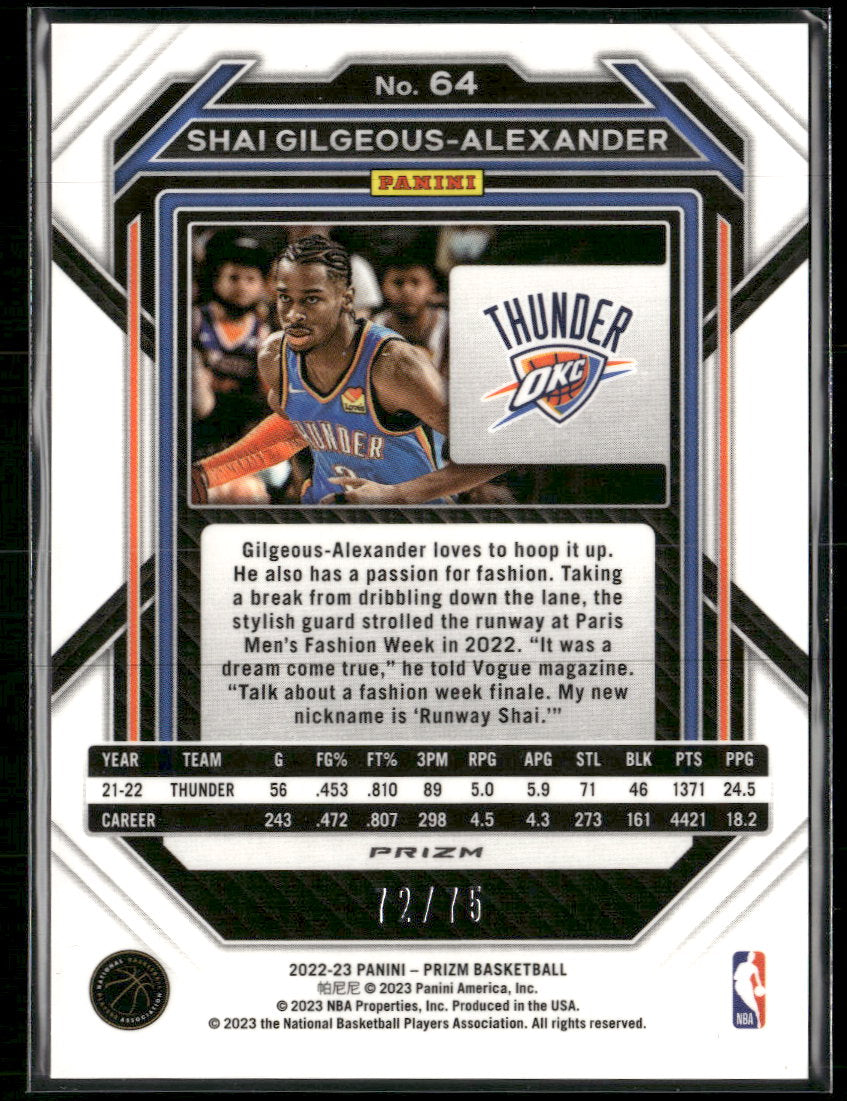 2022-23 Panini Prizm Prizms Fast Break Purple Shai Gilgeous-Alexander #/75 #64