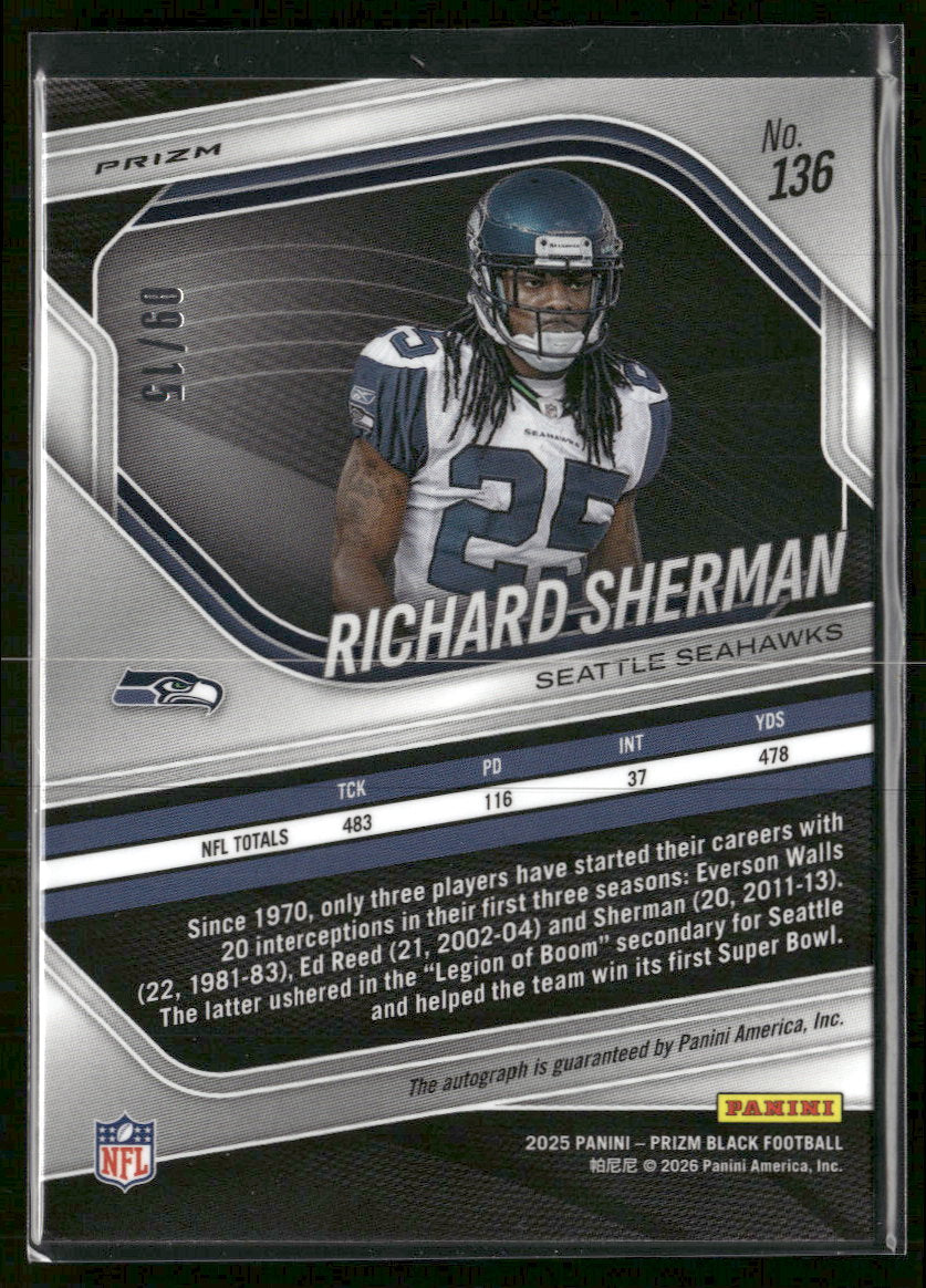 2025 Panini Prizm Black Auto Prizms Blue Shimmer Richard Sherman #/15 AU #136