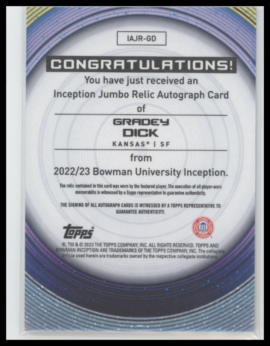 2022-23 Bowman U Inception Auto Jumbo Relics Gradey Dick #IAJR-GD