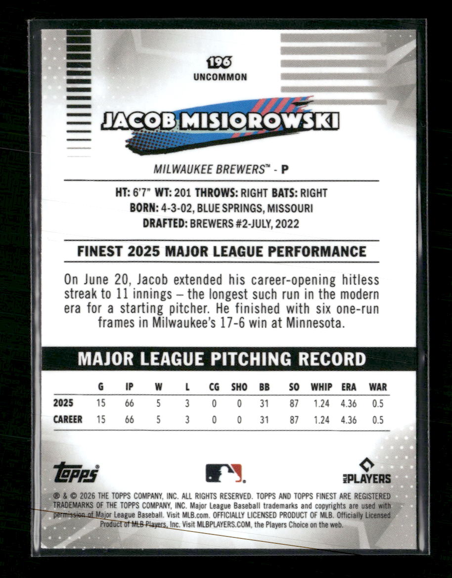 2026 Finest Mini-Diamond Refractors Jacob Misiorowski RC #196