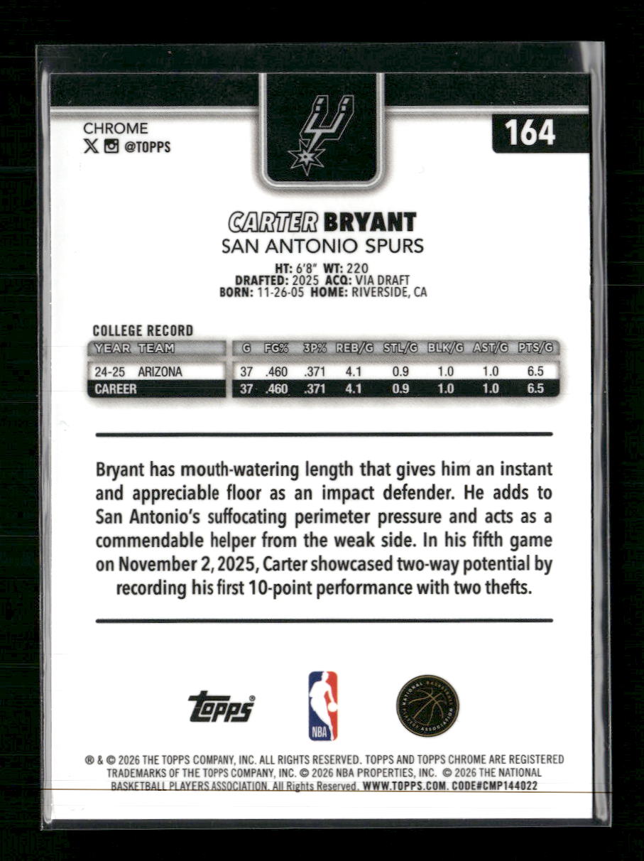 2025-26 Topps Chrome Update Yellow RayWave Refractor Carter Bryant RC #/275 #164