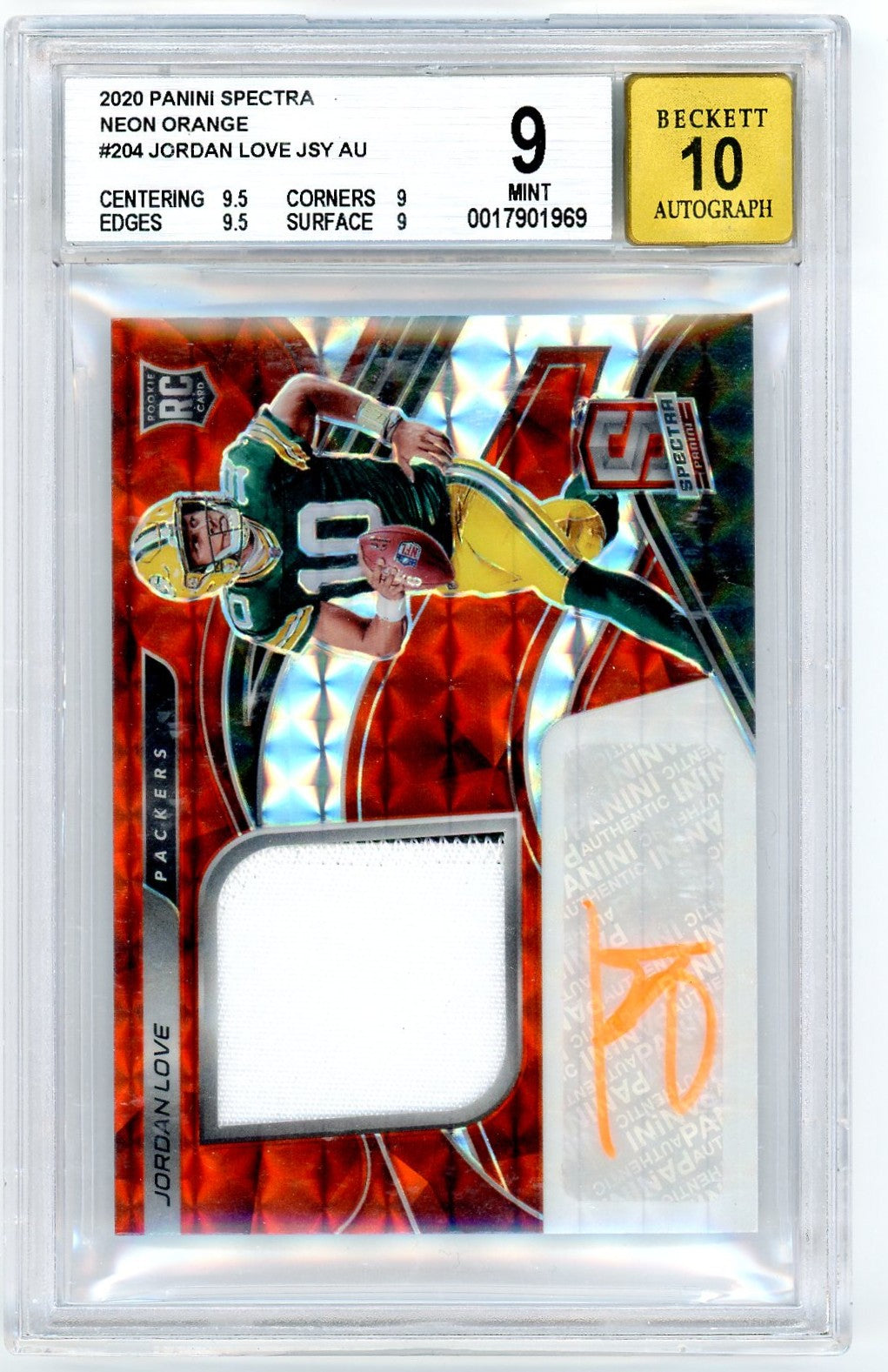 2020 Panini Spectra Neon Orange Jordan Love JSY AU 9.0 BGS #204