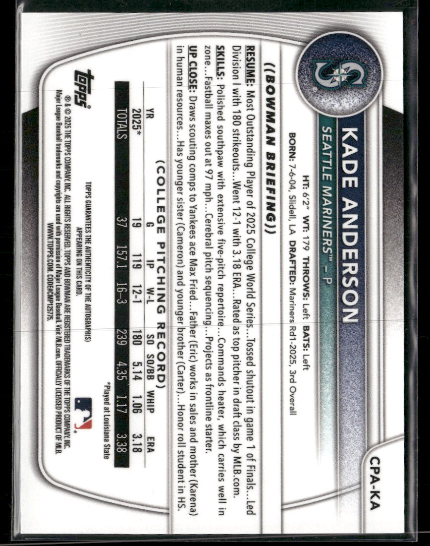 2025 Bowman Draft Chrome Prospect Autographs Kade Anderson AU #CPA-KA