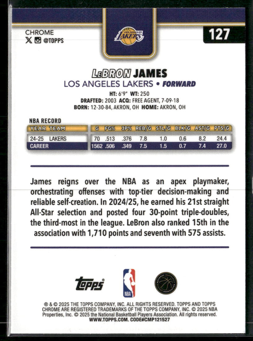 2025-26 Topps Chrome Yellow Basketball Refractor LeBron James #/275 #127