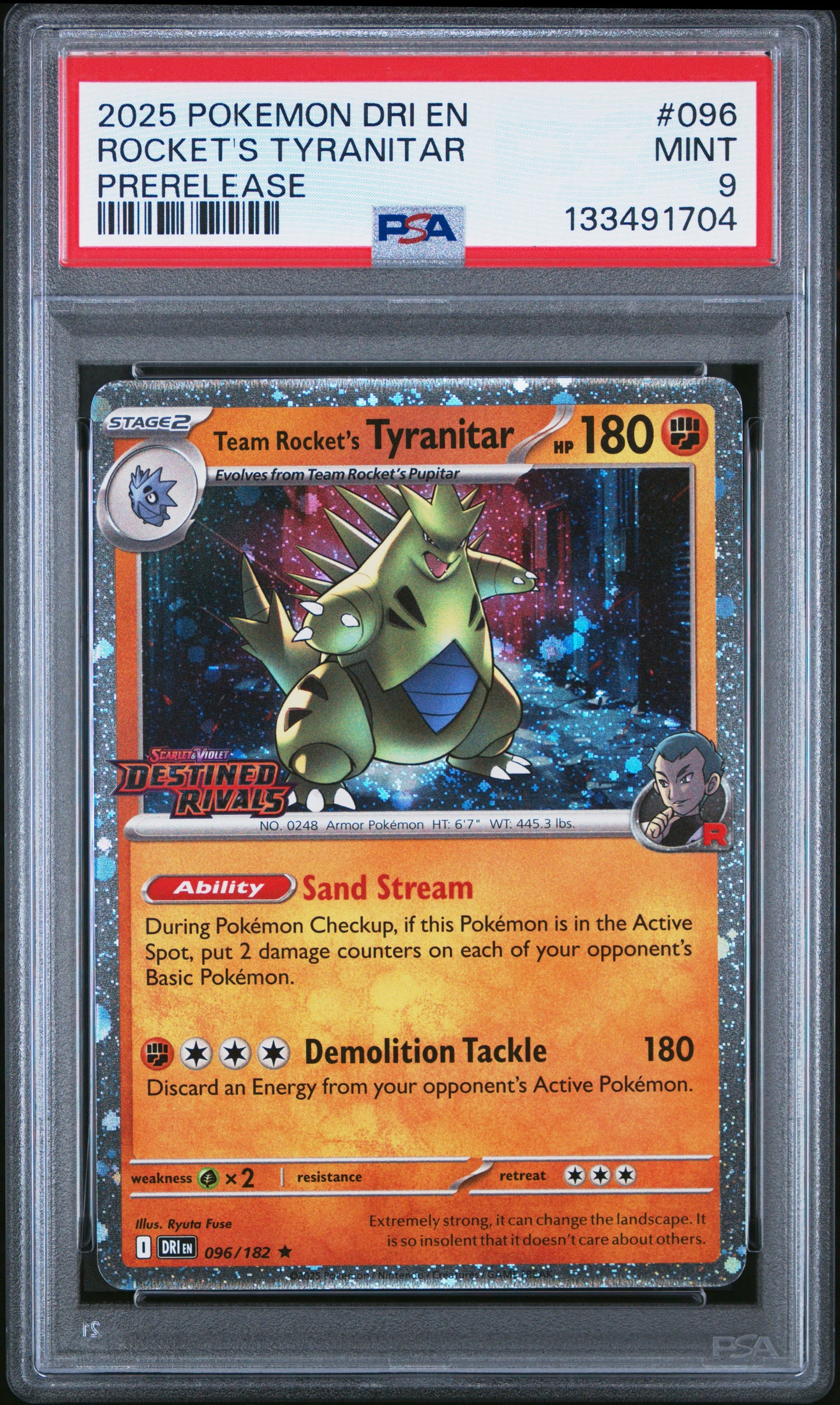 2025 Pokemon Destined Rivals Prerelease Rocket's Tyranitar 9 PSA #096