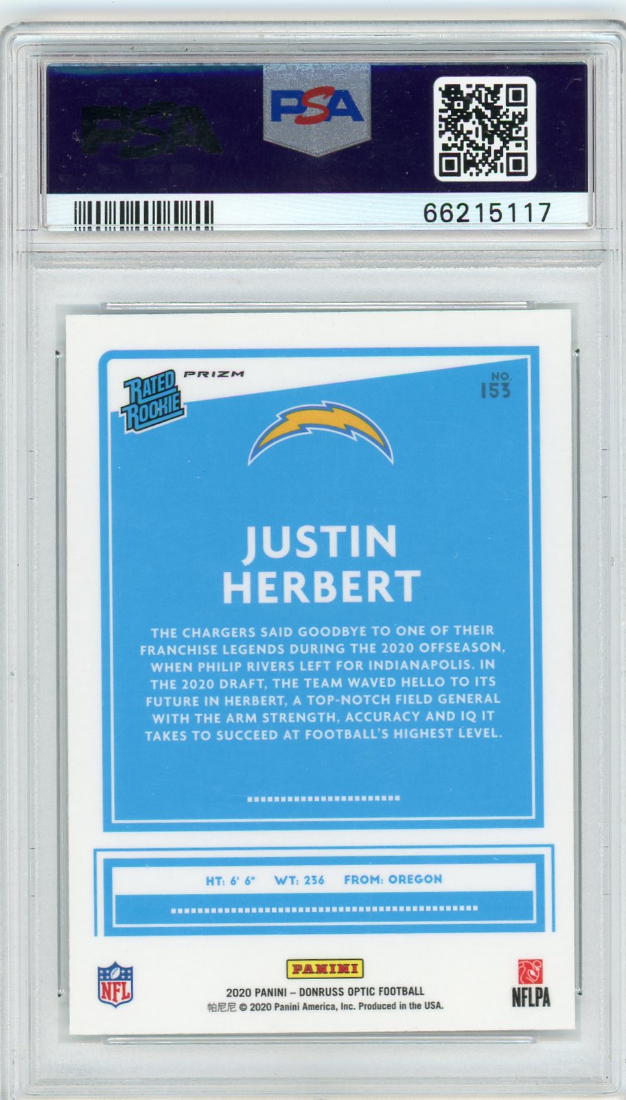2020 Panini Donruss Optic Holo Justin Herbert 9 PSA #153