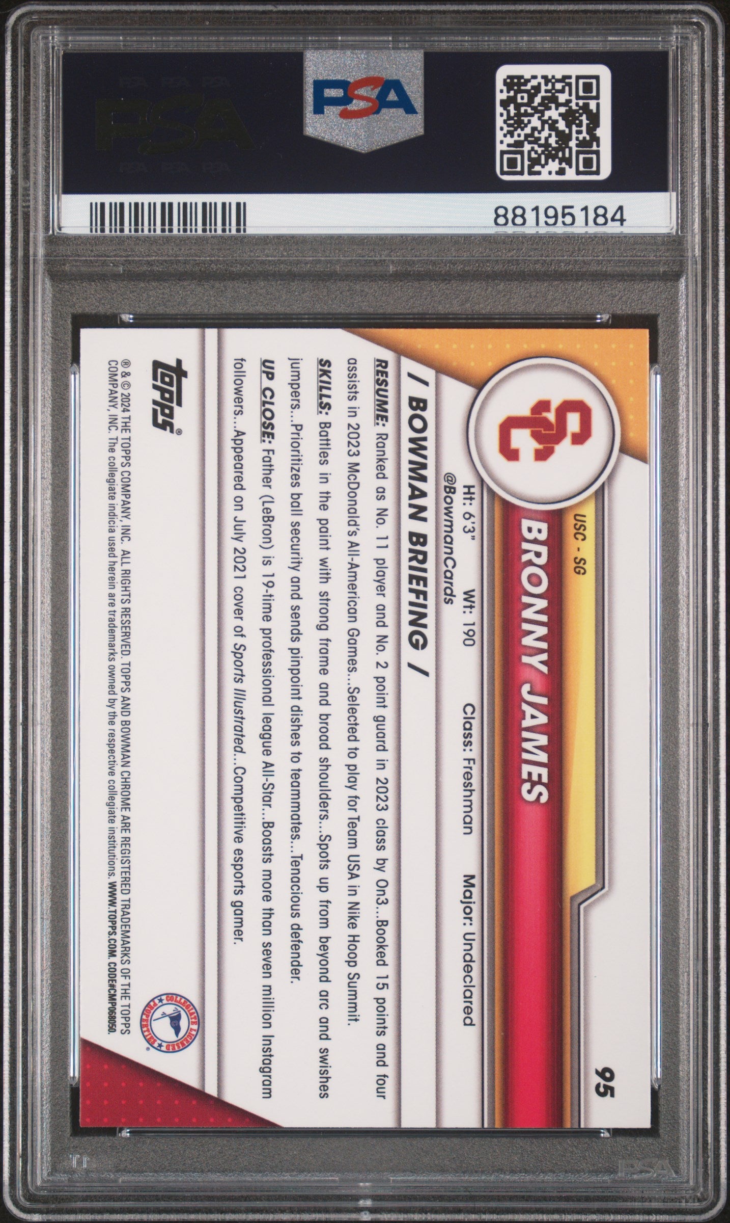 2023 Bowman University Chrome Bronny James 10 PSA #95
