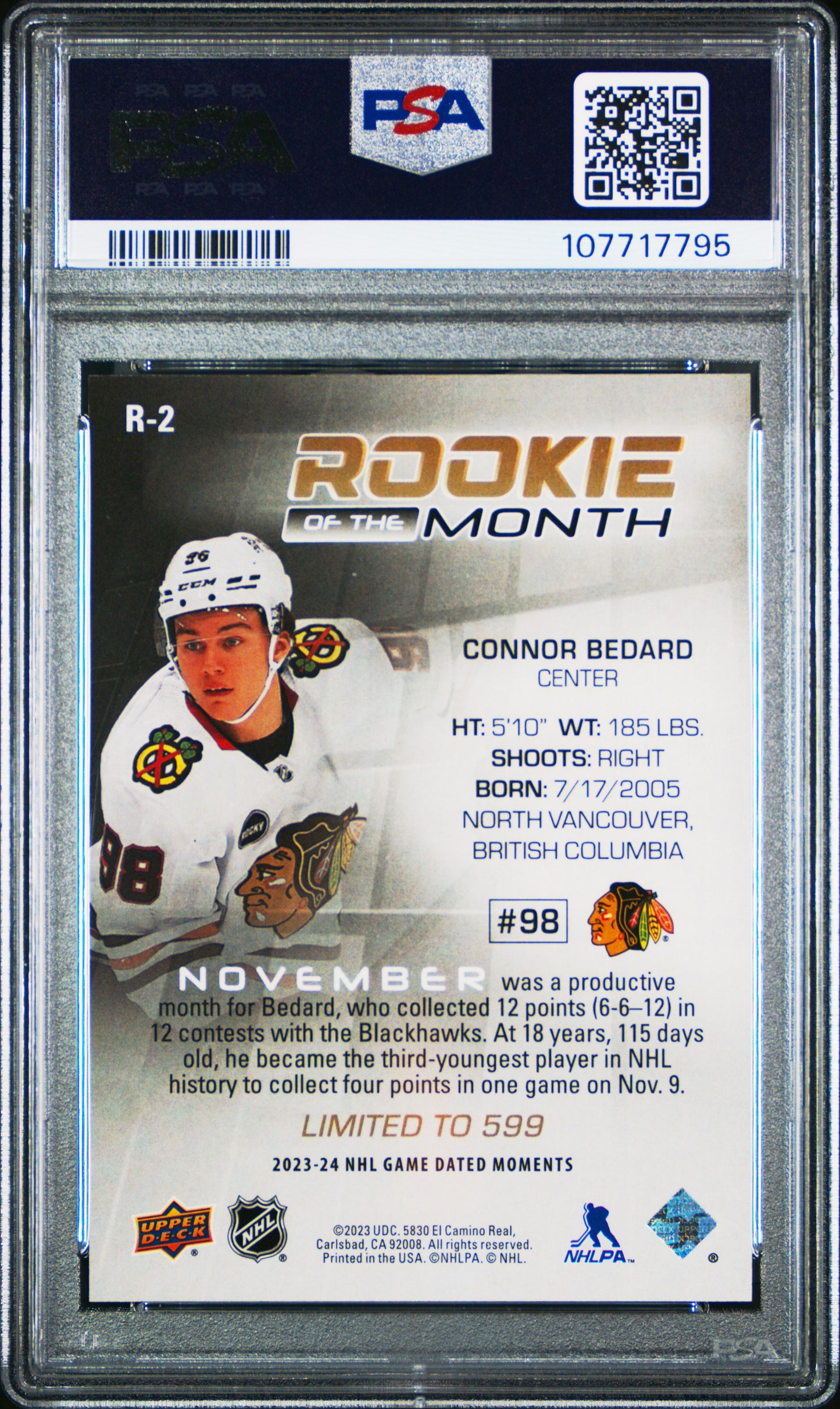 2023 Upper Deck Game Dated Moments Achievements Connor Bedard 9 PSA #R2