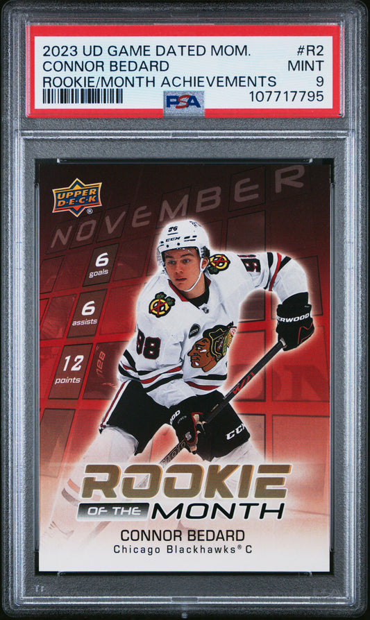 2023 Upper Deck Game Dated Moments Achievements Connor Bedard 9 PSA #R2