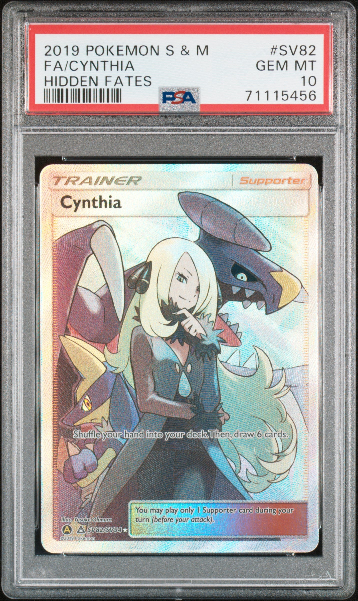 2019 Pokemon Sun & Moon Hidden Fates Hidden Fates Fa/Cynthia 10 PSA #SV82