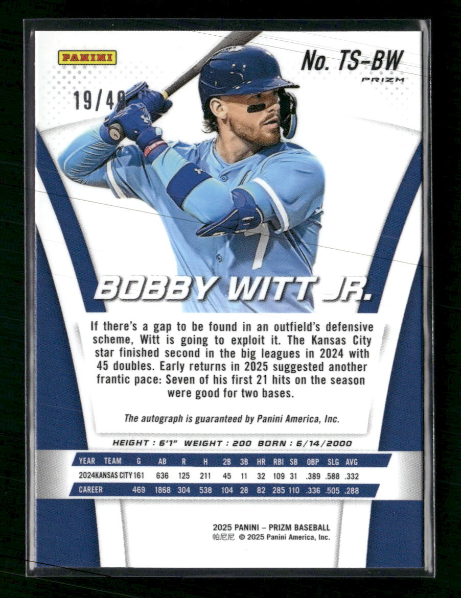 2025 Panini Prizm Throwback Signatures Blue Prizms Bobby Witt Jr. #/49 AU #TS-BW