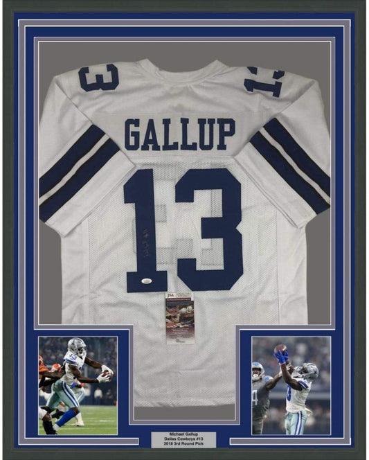 Framed Autographed/Signed Michael Gallup 35x39 Dallas White Football Jersey JSA COA