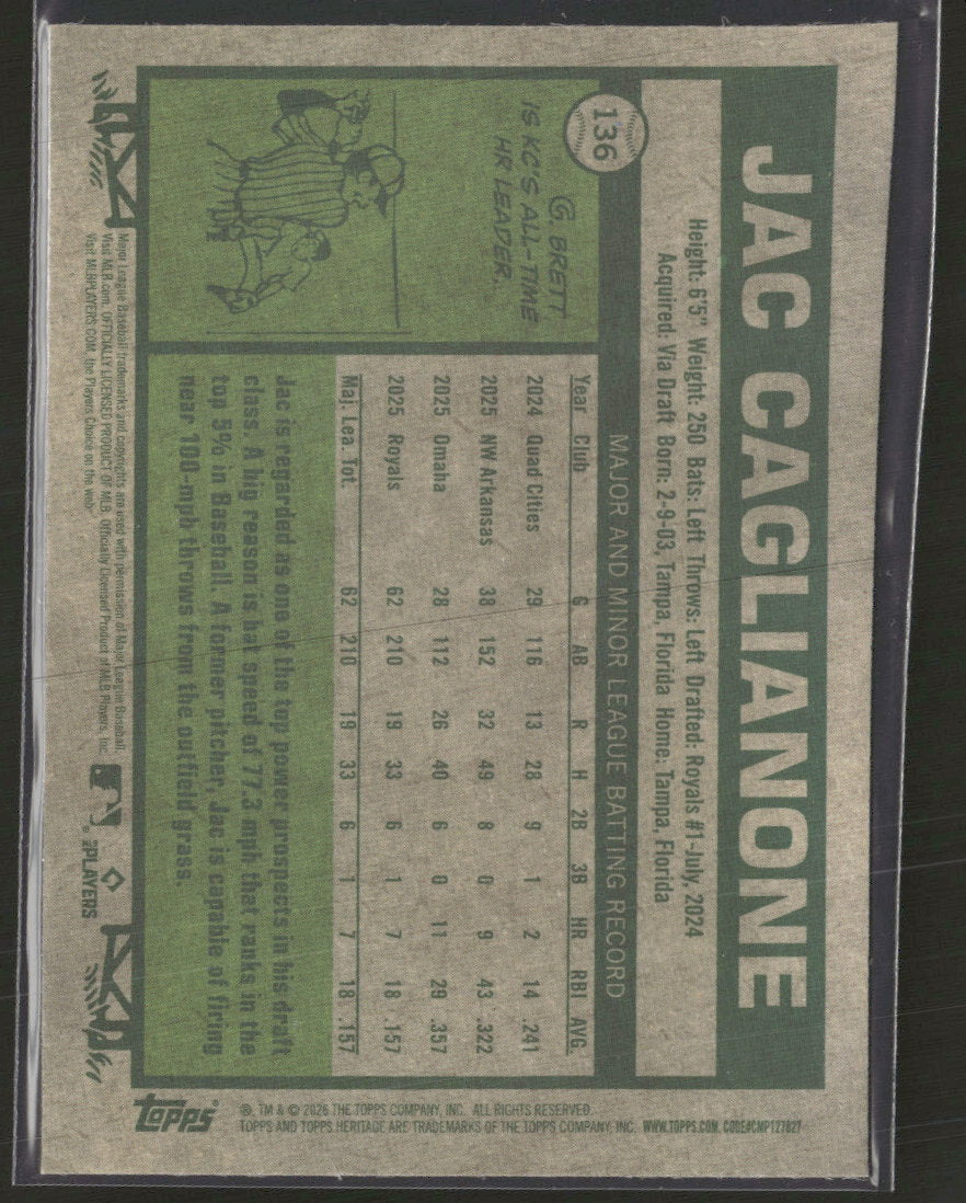2026 Topps Heritage Chrome Pink Sparkle Refractors Jac Caglianone RC #136