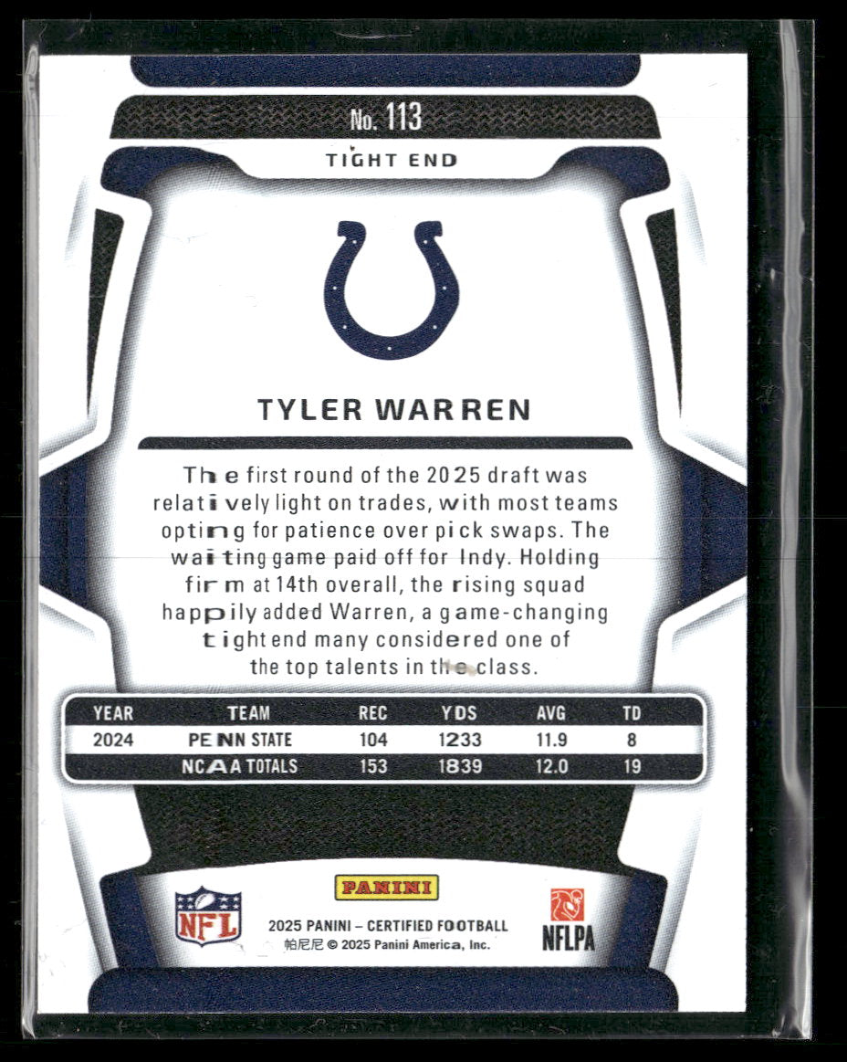2025 Panini Certified Mirror Silver FOTL Tyler Warren RC #/13 #113