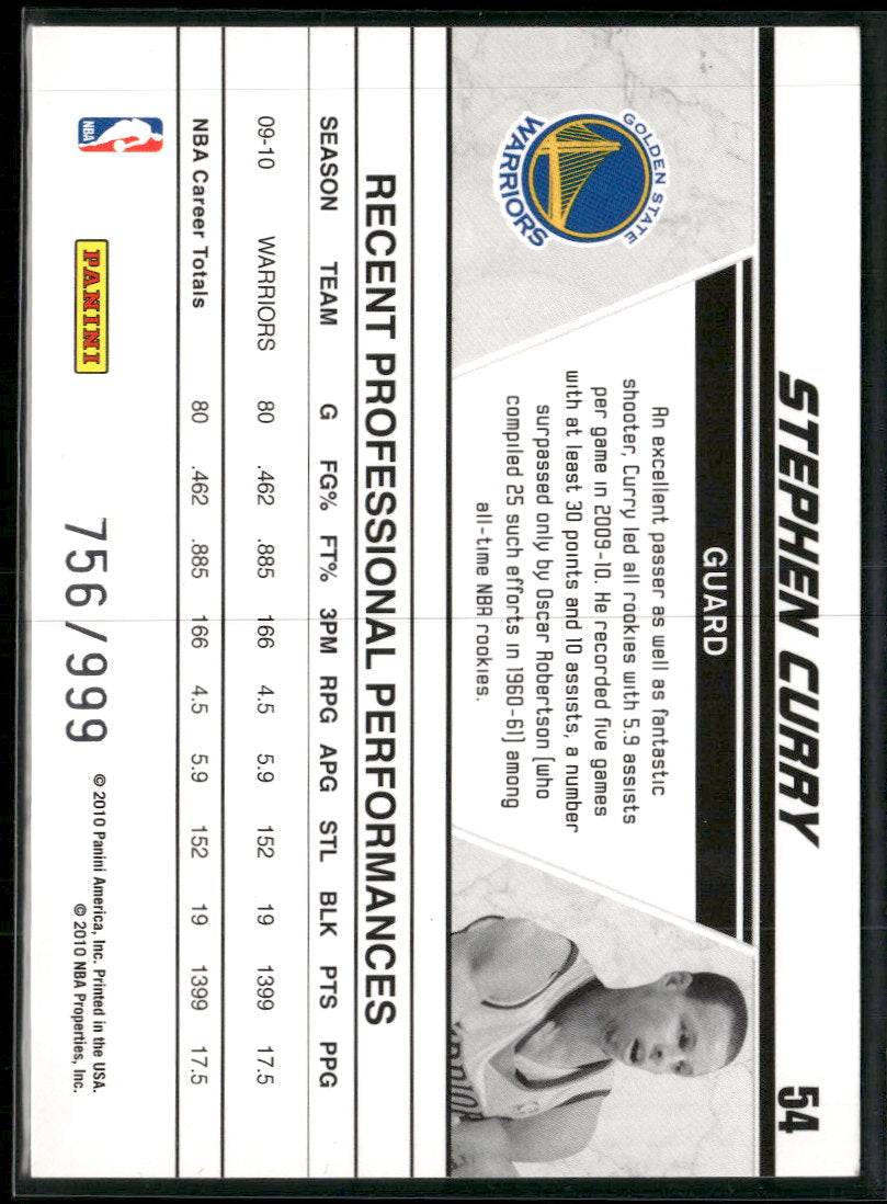 2010-11 Donruss Production Line Stephen Curry #/999 #54
