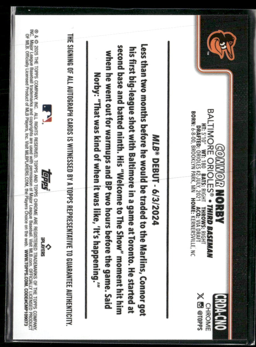 2025 Topps Chrome Update Rookie Debut AU Green Refractors Connor Norby #/99