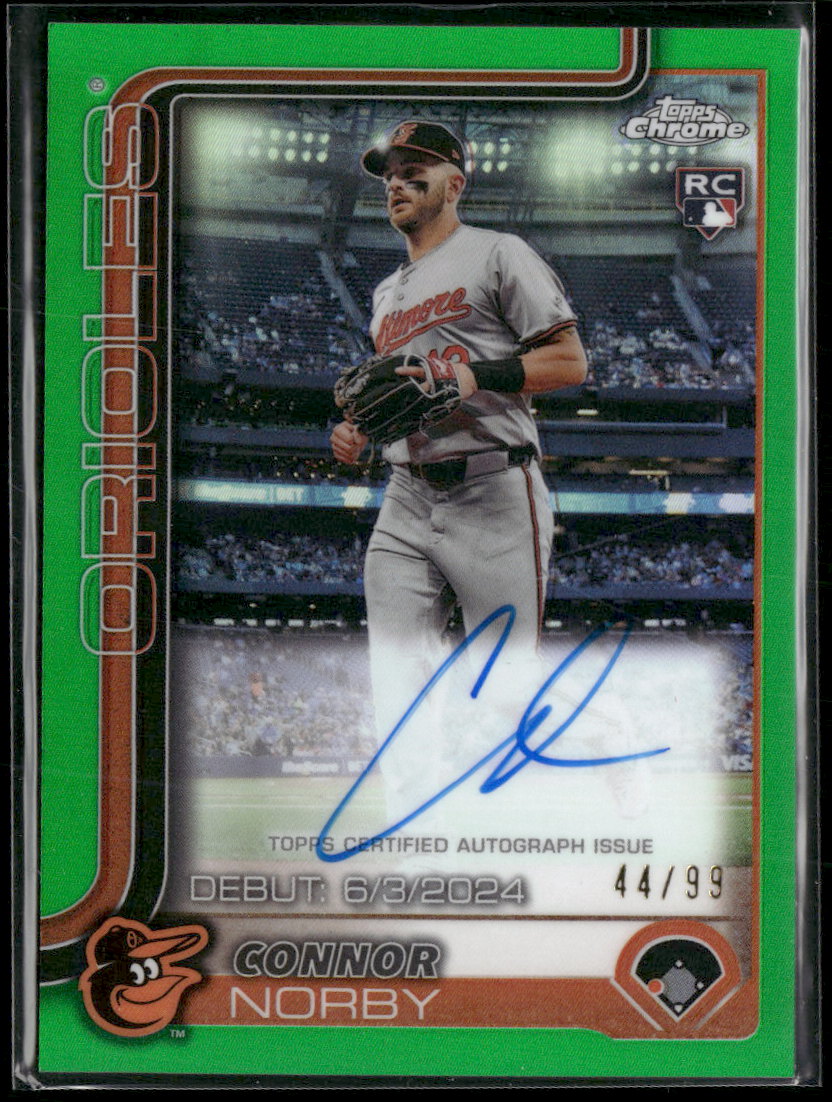 2025 Topps Chrome Update Rookie Debut AU Green Refractors Connor Norby #/99