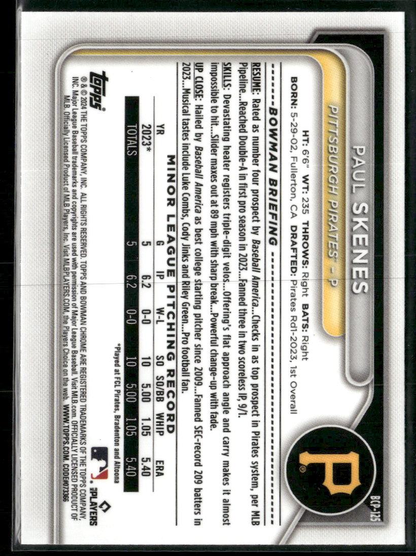 2024 Bowman Chrome Prospects Mojo Fuchsia Refractors Paul Skenes #/299 #BCP-125