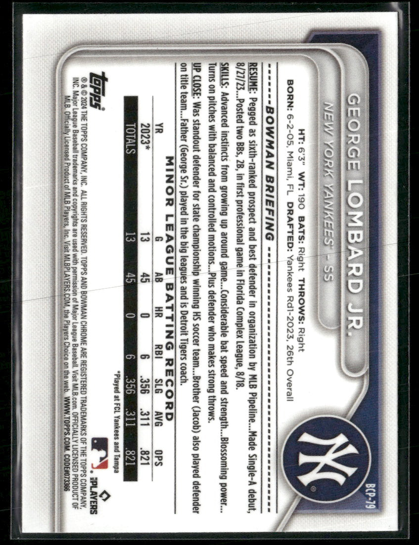 2024 Bowman Chrome Prospects Mojo Refractors George Lombard Jr. #BCP-79