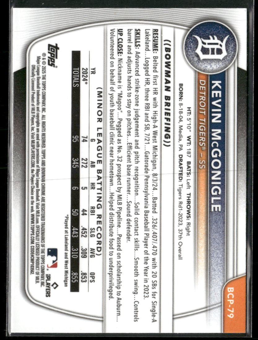 2025 Bowman Chrome Prospects Mojo Refractor Kevin McGonigle #BCP-79