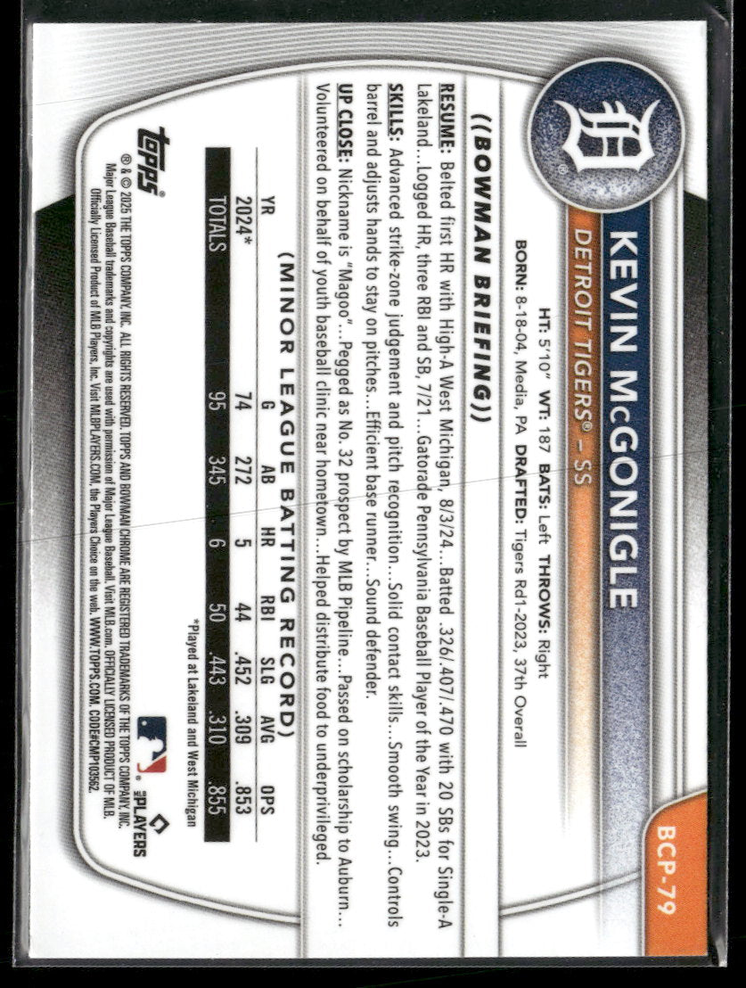 2025 Bowman Chrome Prospects Mojo Refractor Kevin McGonigle #BCP-79