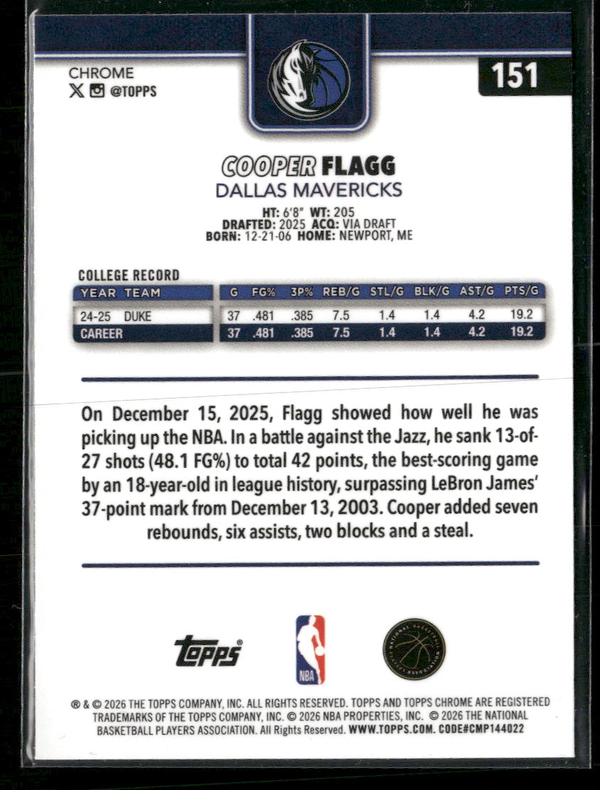 2025-26 Topps Chrome Update Cooper Flagg RC #151