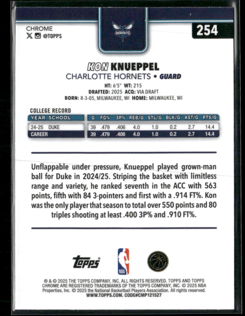 2025-26 Topps Chrome X-Fractor Kon Knueppel RC #254