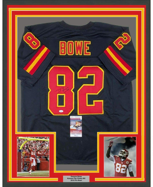 Framed Autographed/Signed Dwayne Bowe 35x39 Kansas City Black Football Jersey JSA COA