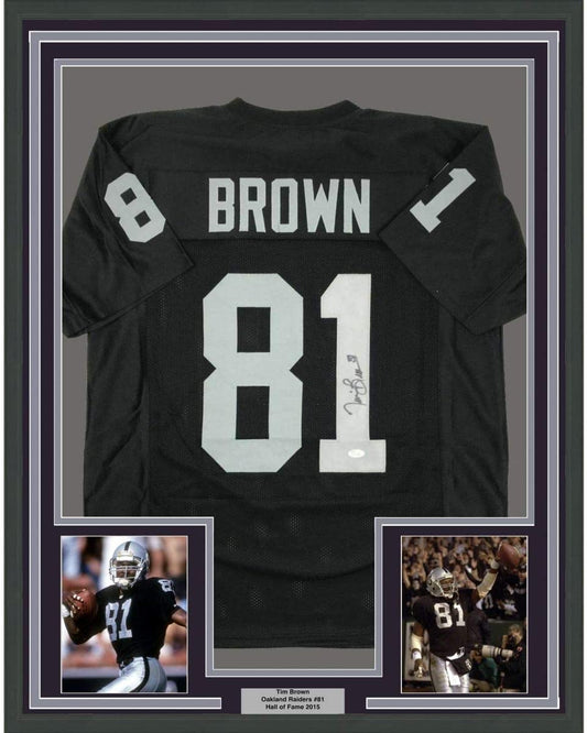 Framed Autographed/Signed Tim Brown 35x39 Oakland Black Football Jersey JSA COA Holo Only