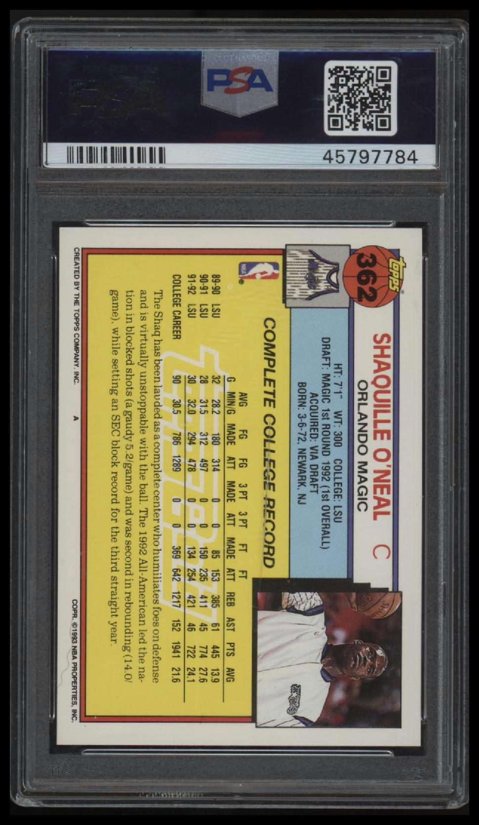 1992 Topps Gold Shaquille O'Neal 9 PSA #362