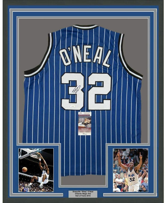 Framed Autographed/Signed Shaquille Shaq O'Neal 35x39 Orlando Blue Pinstripe Basketball Jersey JSA COA