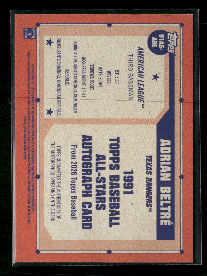 2026 Topps 1991 Topps Baseball 35th Autographs Orange Adrian Beltré #/25