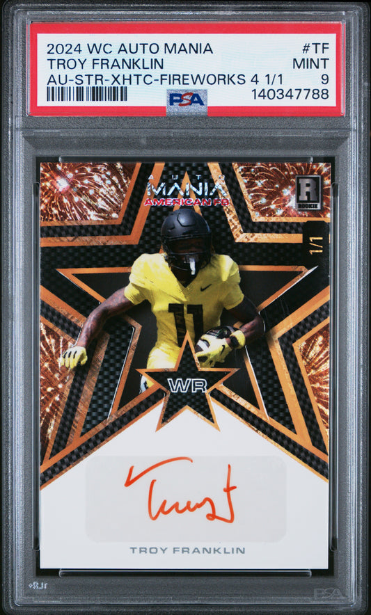 2024 Wild Card Auto Mania Autographs Fireworks 4 1/1 Troy Franklin 9 PSA