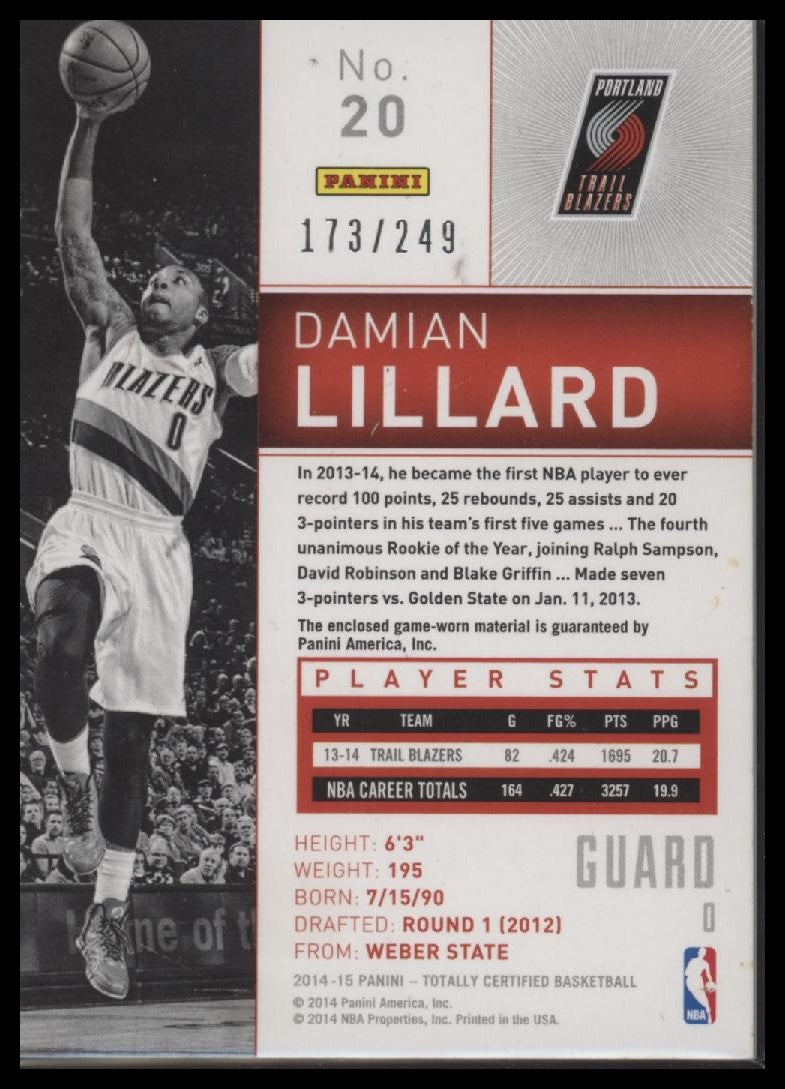 2014-15 Panini Totally Certified Jerseys Red Damian Lillard #/249 #20