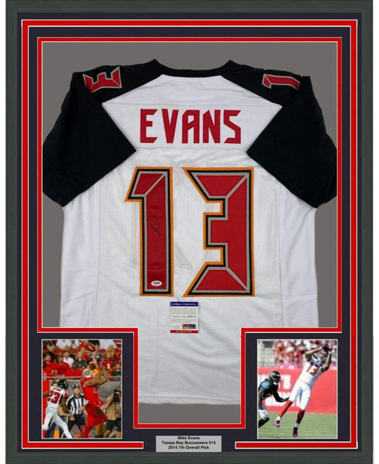 Framed Autographed/Signed Mike Evans 35x39 Tampa Bay White Football Jersey PSA/DNA COA