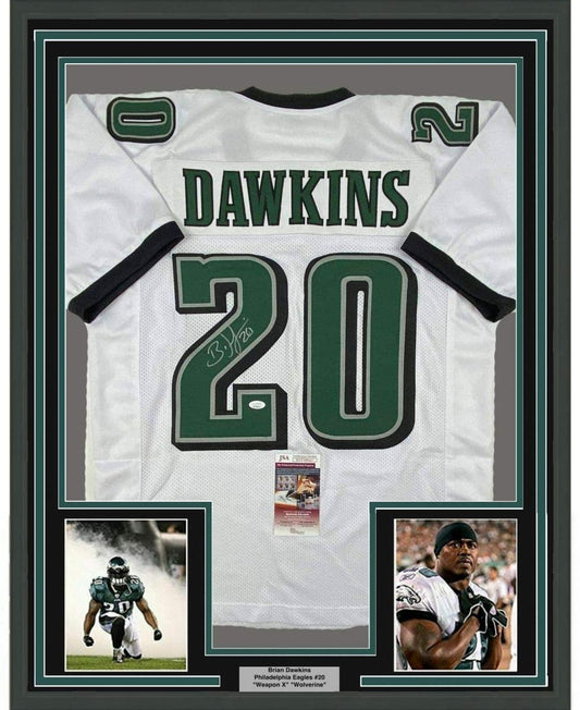 Framed Autographed/Signed Brian Dawkins 35x39 Philadelphia White Football Jersey JSA COA