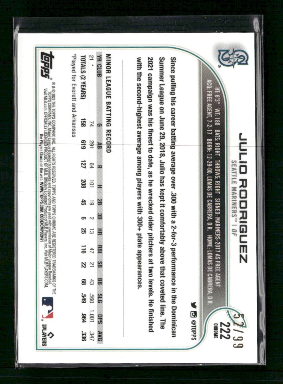 2022 Topps Chrome Sonic Green RayWave Refractor Julio Rodriguez #/99 #222