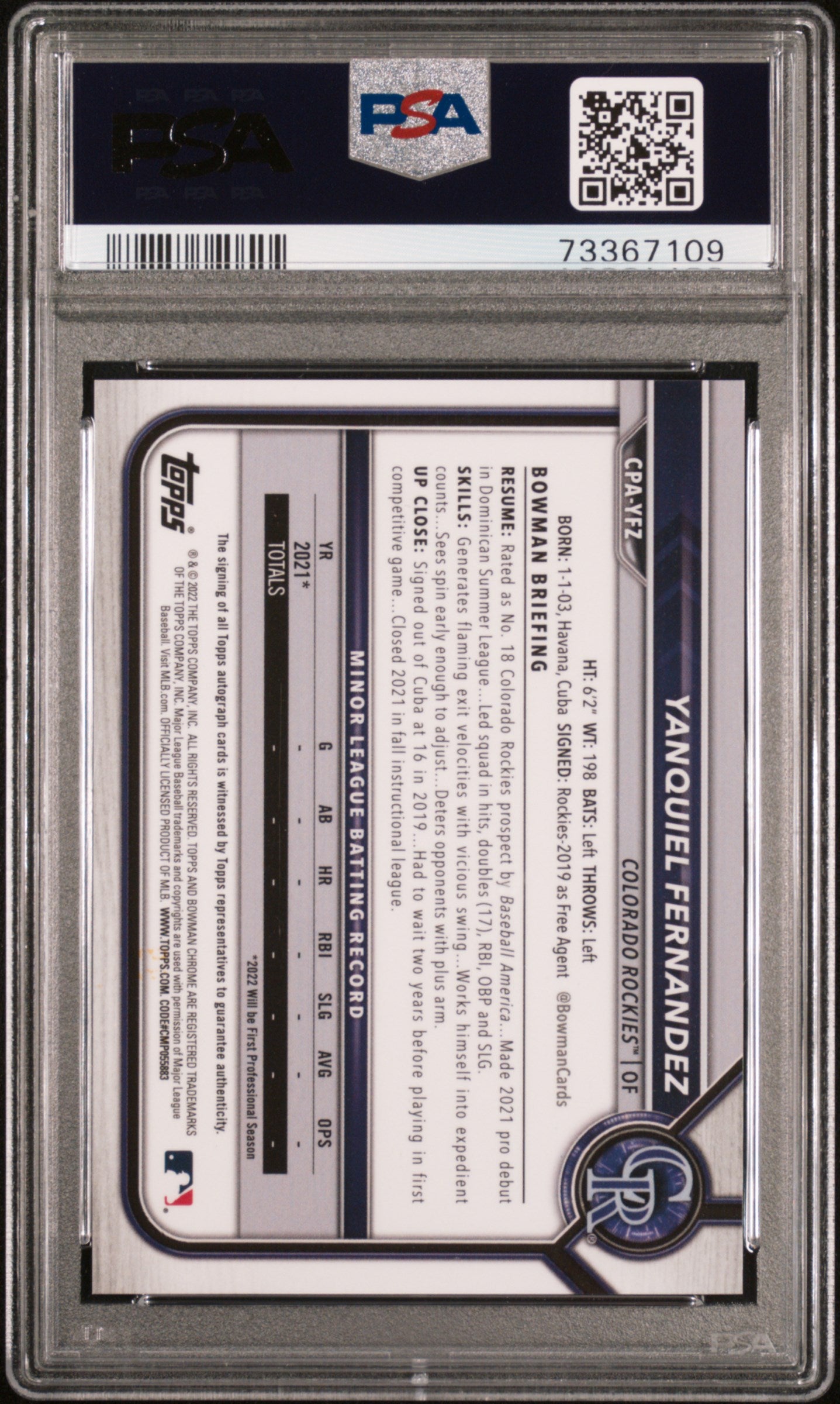 2022 Bowman Chrome Prospect AU Green Atomic Ref. Yanquiel Fernandez 10 PSA