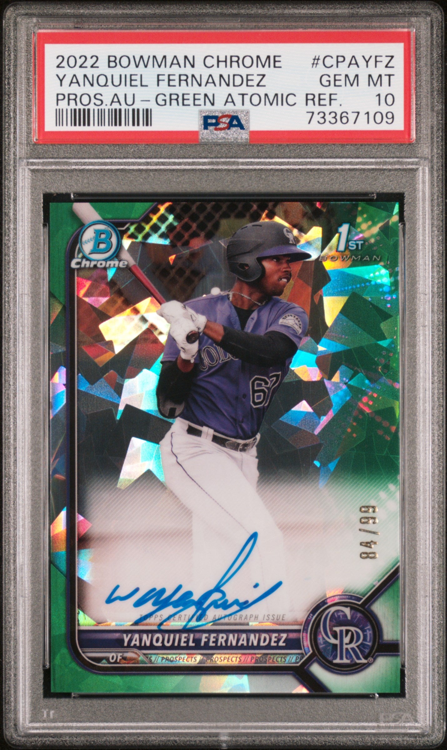 2022 Bowman Chrome Prospect AU Green Atomic Ref. Yanquiel Fernandez 10 PSA