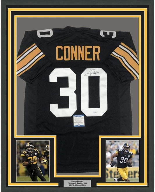 Framed Autographed/Signed James Conner 35x39 Pittsburgh Black Football Jersey Beckett BAS COA