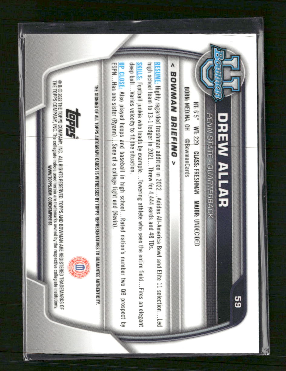 2022 Bowman University Chrome Prospect Autographs Drew Allar AU #59