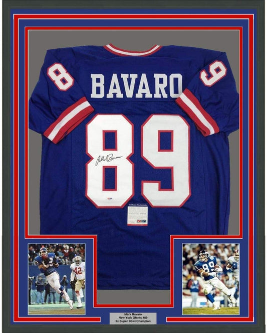 Framed Autographed/Signed Mark Bavaro 35x39 New York Blue Football Jersey PSA/DNA COA