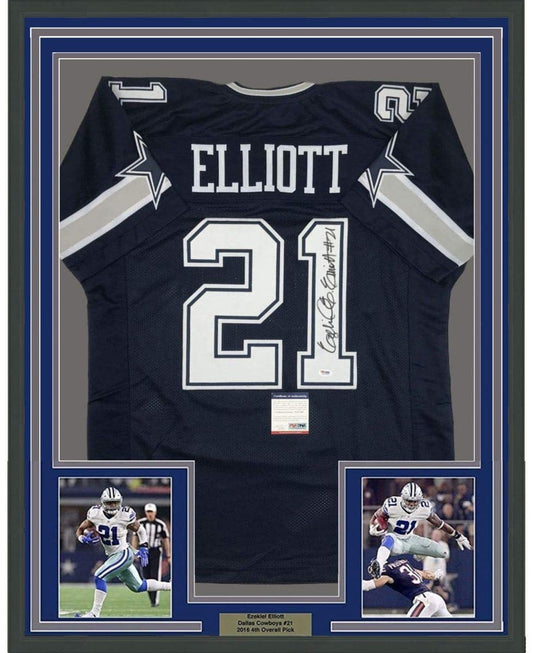 Framed Autographed/Signed Ezekiel Elliott 35x39 Dallas Dark Blue Football Jersey PSA/DNA COA