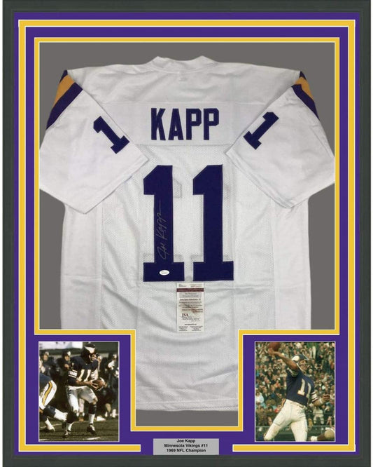Framed Autographed/Signed Joe Kapp 35x39 Minnesota White Football Jersey JSA COA