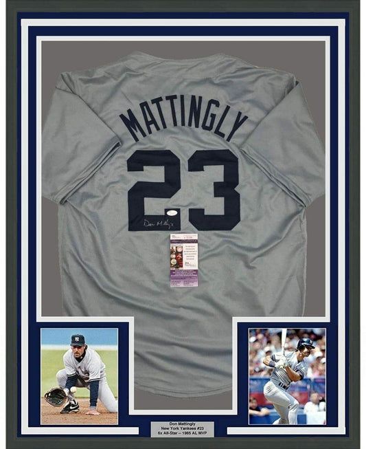 Framed Autographed/Signed Don Mattingly 35x39 New York Grey Baseball Jersey JSA COA