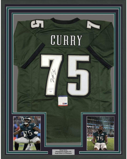 Framed Autographed/Signed Vinny Curry 35x39 Philadelphia Green Football Jersey PSA/DNA COA